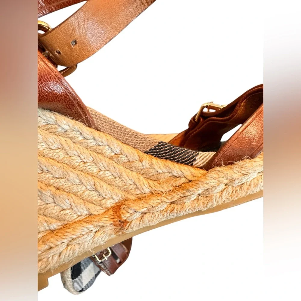 Burberry Tan Leather Check Canvas Espadrille Wedge Sandals Italy Size 35 in GUC